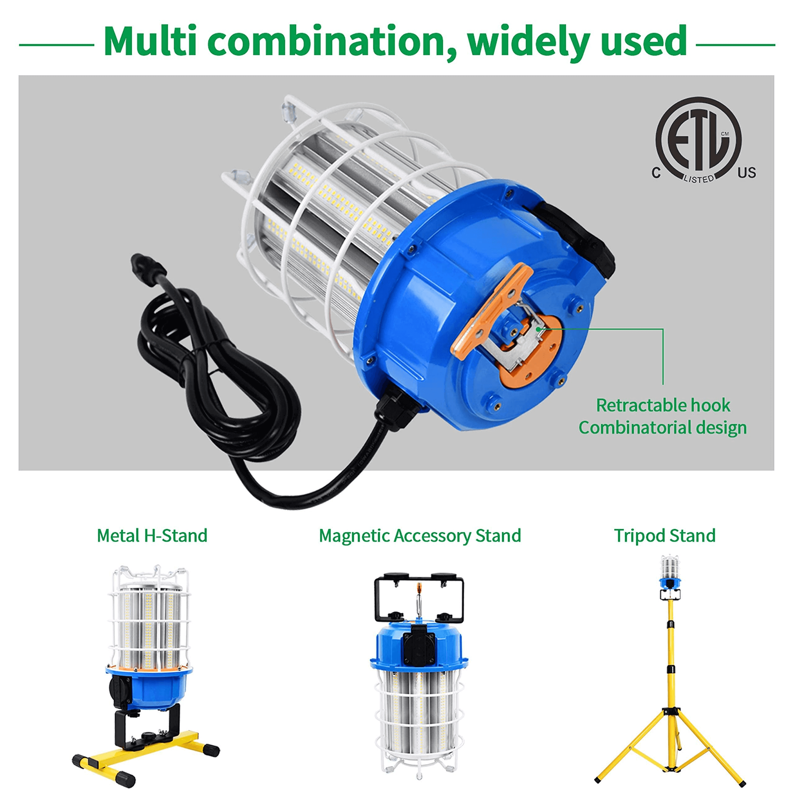 MCWOFI 150W LED Temporary Work Light, 22500 LM 5000K with Steel Guard and Hook, Portable Hanging Lights for Construction Job Site, Carpentry Lighting, Building House, Garage